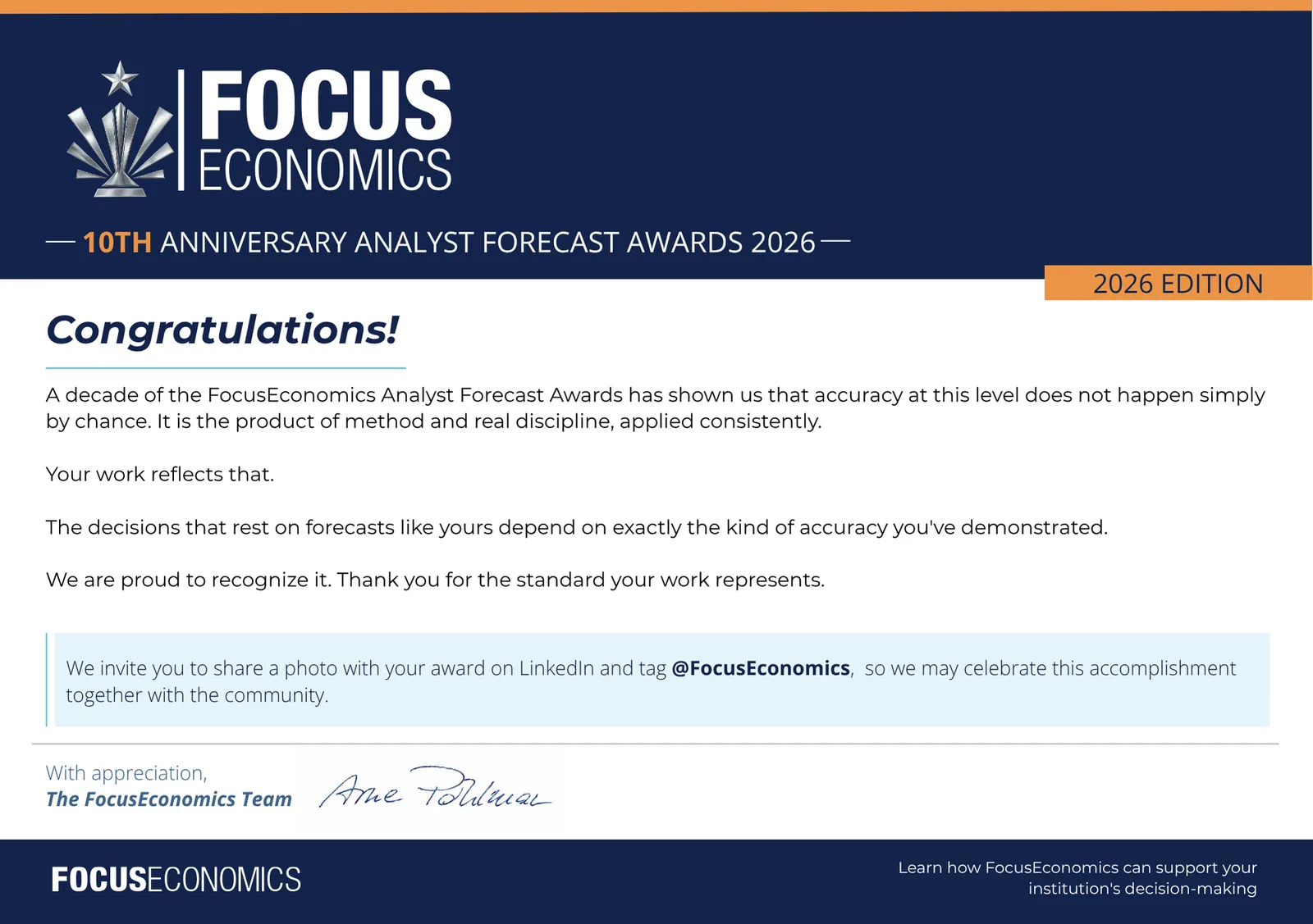 FocusEconomics letter, page 1, B2B collateral design