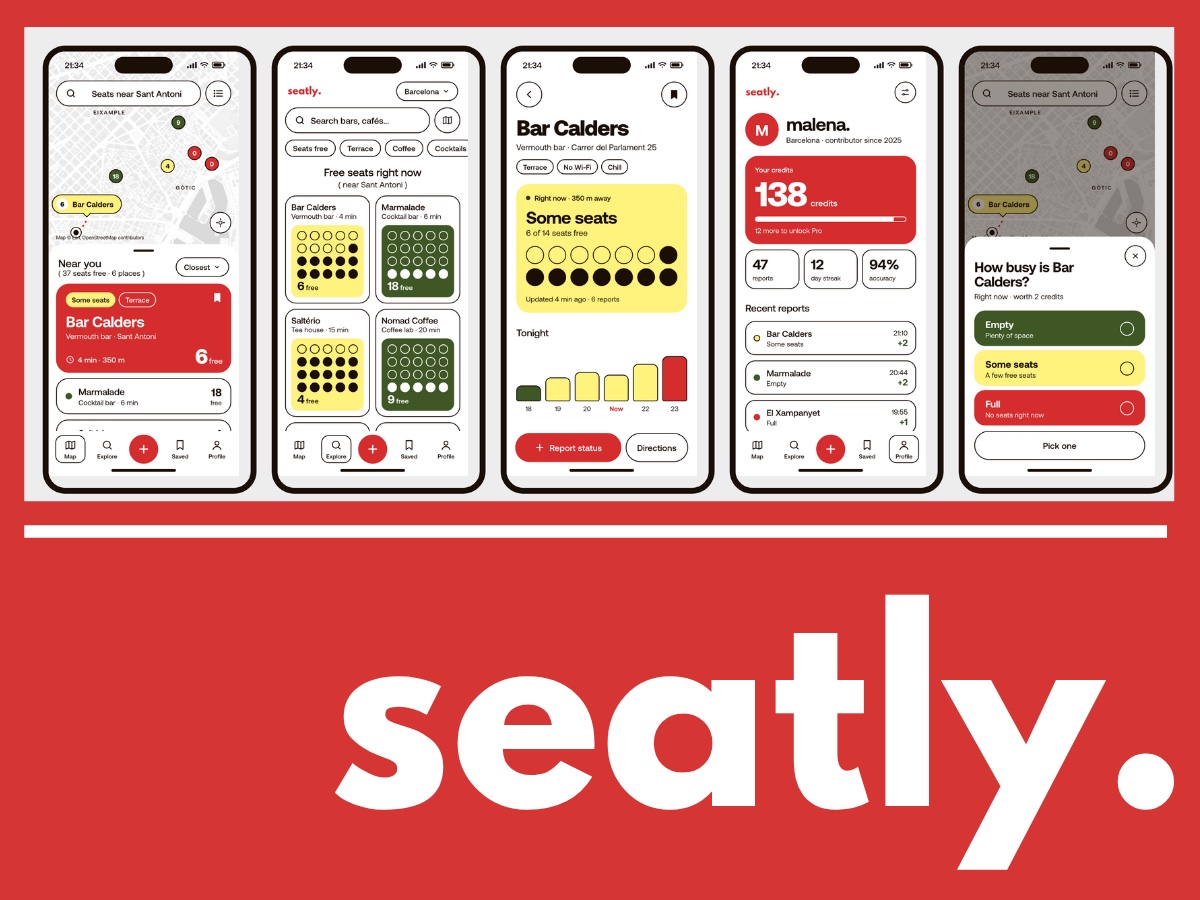 Seatly app redesign, five screens and the wordmark